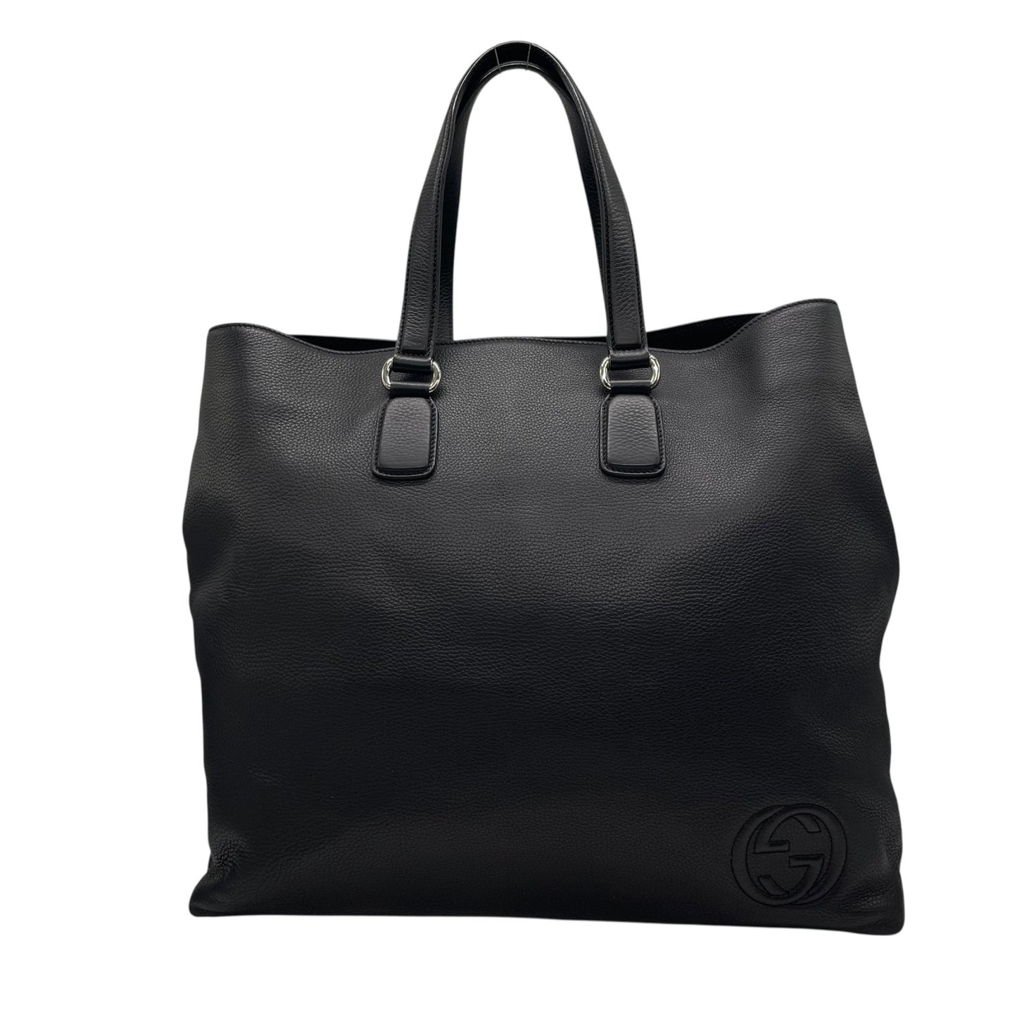 Authentic GUCCI Soho Tote Bag Black Leather Silver GG Logo Interlocking G Shoulder