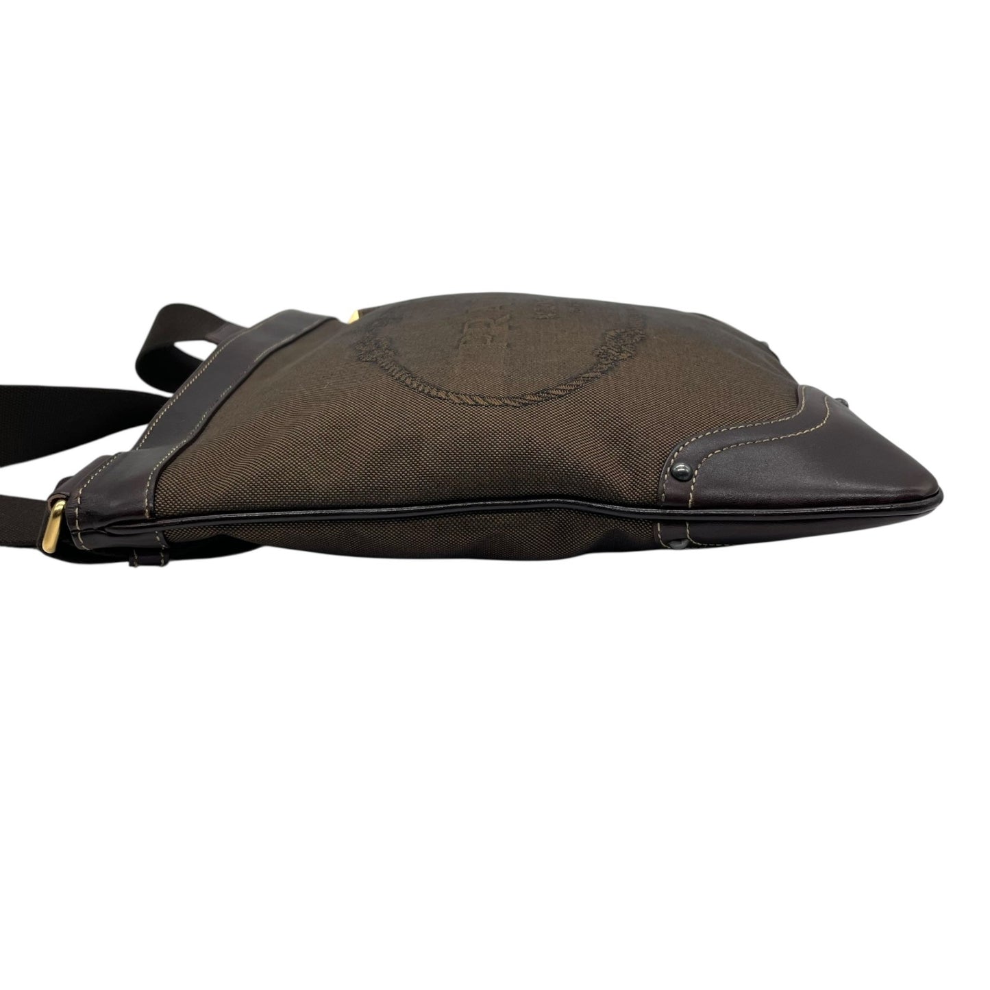 Authentic PRADA Logo Jacquard Large Logo Canvas Leather Shoulder Bag Brown Crossbody Women
