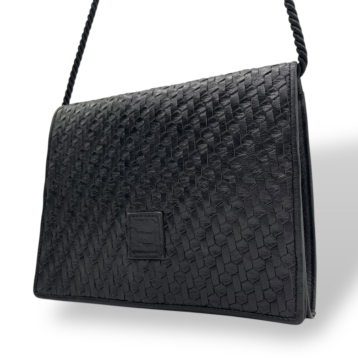 Authentic FENDI Woven Leather Shoulder Bag Black Flap Pochette Crossbody Vintage Leather Women