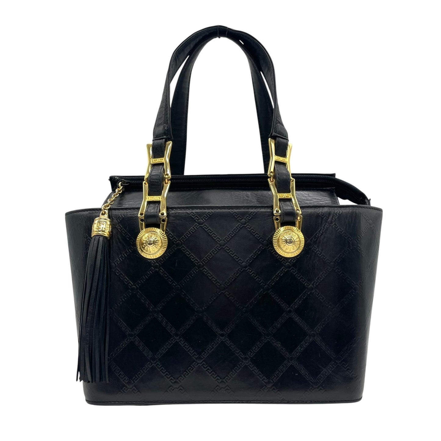 Authentic GIANNI VERSACE Vintage Mini Handbag Tote Black Leather Gold Hardware Fringe Tassel Women