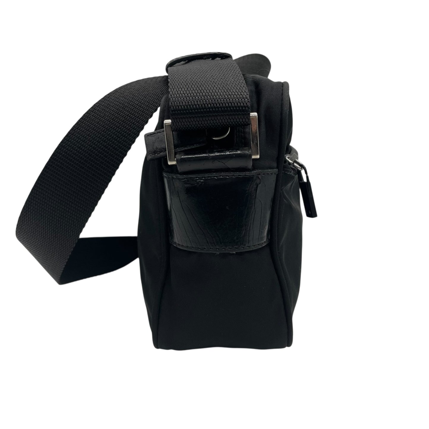 Authentic PRADA Shoulder Bag Triangle Logo Nylon Leather Black Silver Hardware BT0166