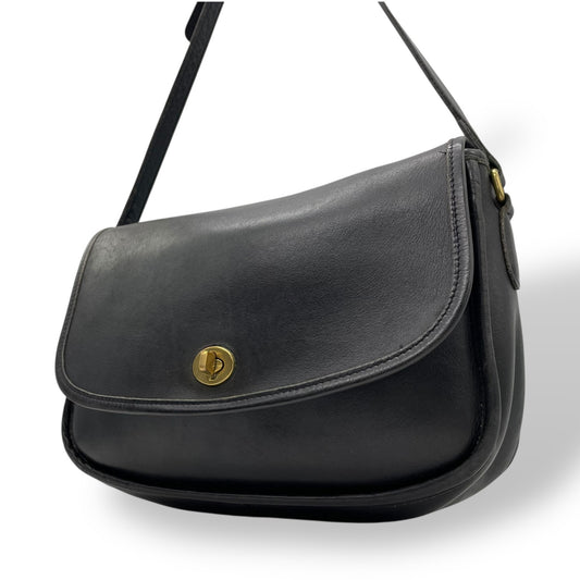 Authentic COACH Old Coach Turnlock 9790 Black Leather Crossbody Flap Shoulder Bag Gold Hardware