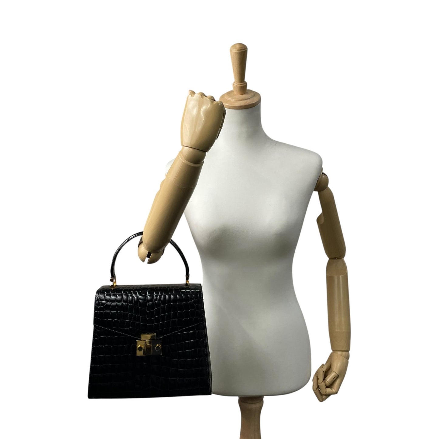 美品 TIFFANY＆Co. ティファニー ハンドバッグ 黒 ブラック レザー クロコ型押し ゴールド金具 手提げ トップハンドル フラップ開閉 レディース B