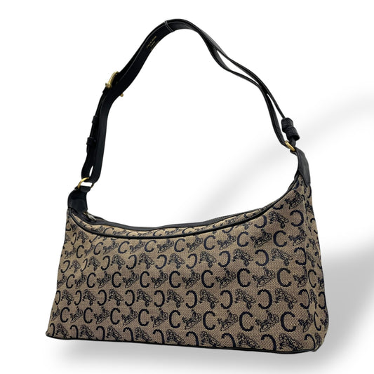 Authentic CELINE CMacadam Triomphe Canvas Leather Shoulder Bag Beige Black