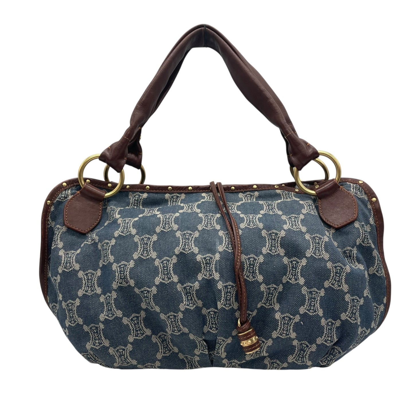 Authentic CELINE Pari Macadam Triomphe Denim Leather Handbag Brown Hardware