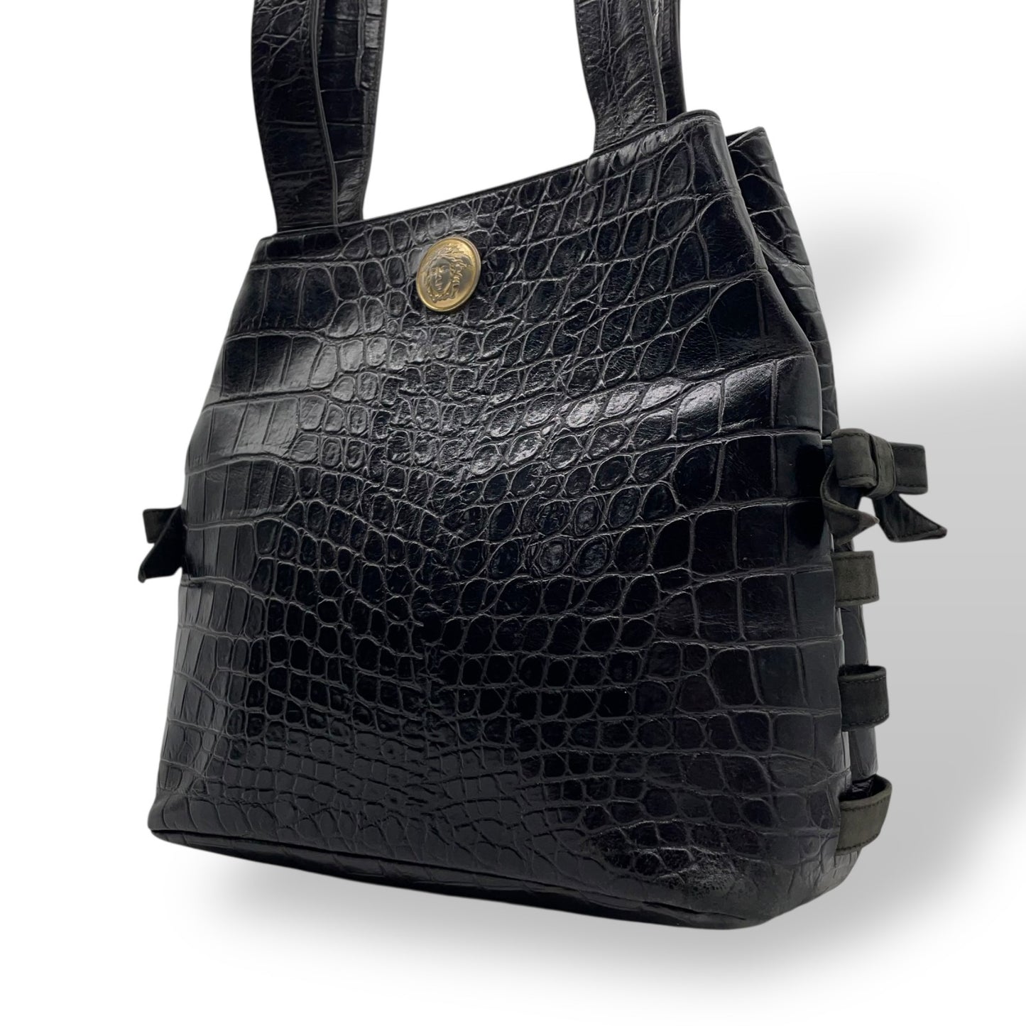 Authentic VERSACE Medusa Embossed Leather Tote Handbag Black Gold