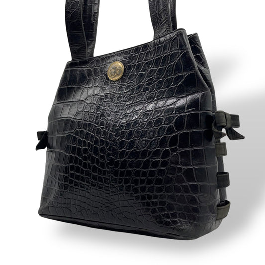 Authentic VERSACE Medusa Embossed Leather Tote Handbag Black Gold