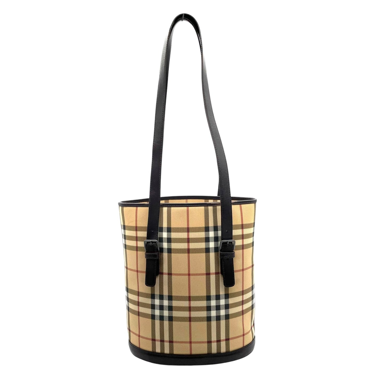 美品 BURBERRY バーバリー ノバチェック バケツ型 ショルダーバッグ トートバッグ PVC レザー ベージュ レッド ダークブラウン メンズ レディース 肩掛け C3