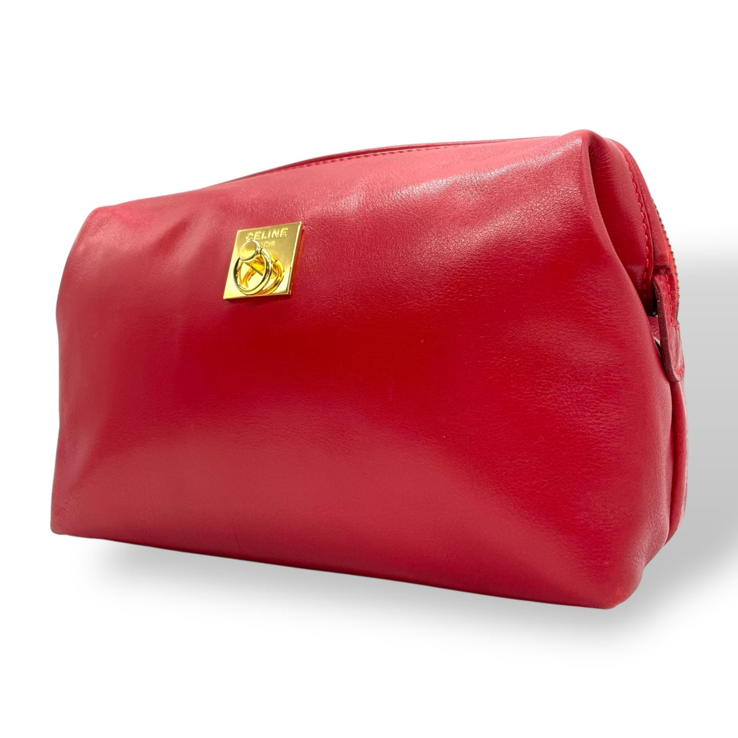 美品 CELINE セリーヌ オールドセリーヌ ポーチ メイクポーチ 化粧ポーチ クラッチバッグ 赤 レッド レザー ゴールド金具 ロゴ ヴィンテージ レディース ヴィンテージ K6
