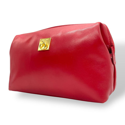 美品 CELINE セリーヌ オールドセリーヌ ポーチ メイクポーチ 化粧ポーチ クラッチバッグ 赤 レッド レザー ゴールド金具 ロゴ ヴィンテージ レディース ヴィンテージ K6