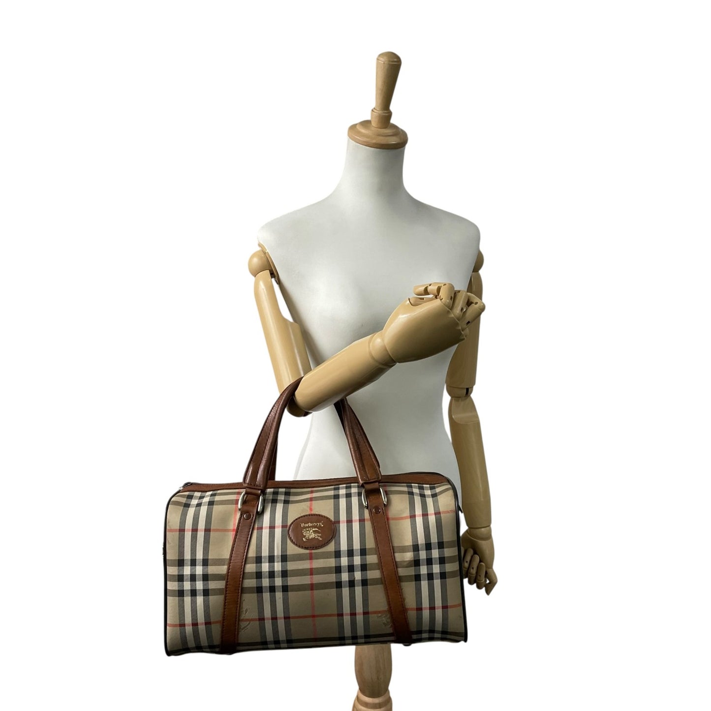 美品 BURBERRY バーバリー ボストンバッグ ノバチェック ホースロゴ シャドーホース ブラウン ベージュ キャンバス レザー ゴールド金具 メンズ レディース C