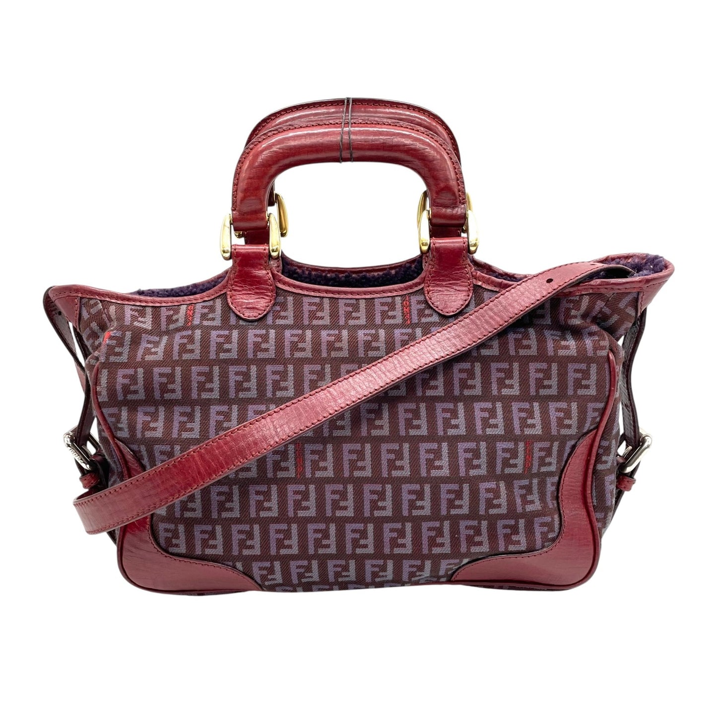 美品 希少カラー FENDI フェンディ ズッキーノ 2WAY ハンドバッグ ショルダーバッグ 赤紫 ワインレッド パープル系 キャンバス レザー ゴールド金具 ズッカ柄 レディース