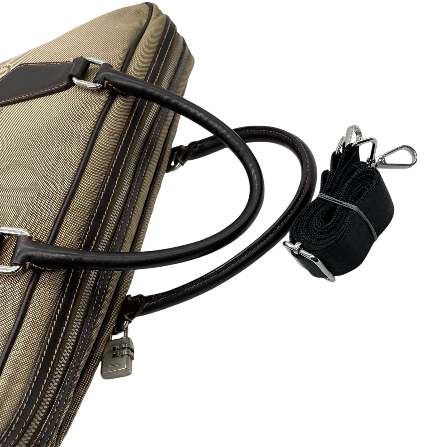 PRADA プラダ ジャガードロゴ 2WAY ビジネスバッグ ショルダーバッグ キャンバス レザー ベージュ ブラウン 南京錠 メンズ レディース Z4