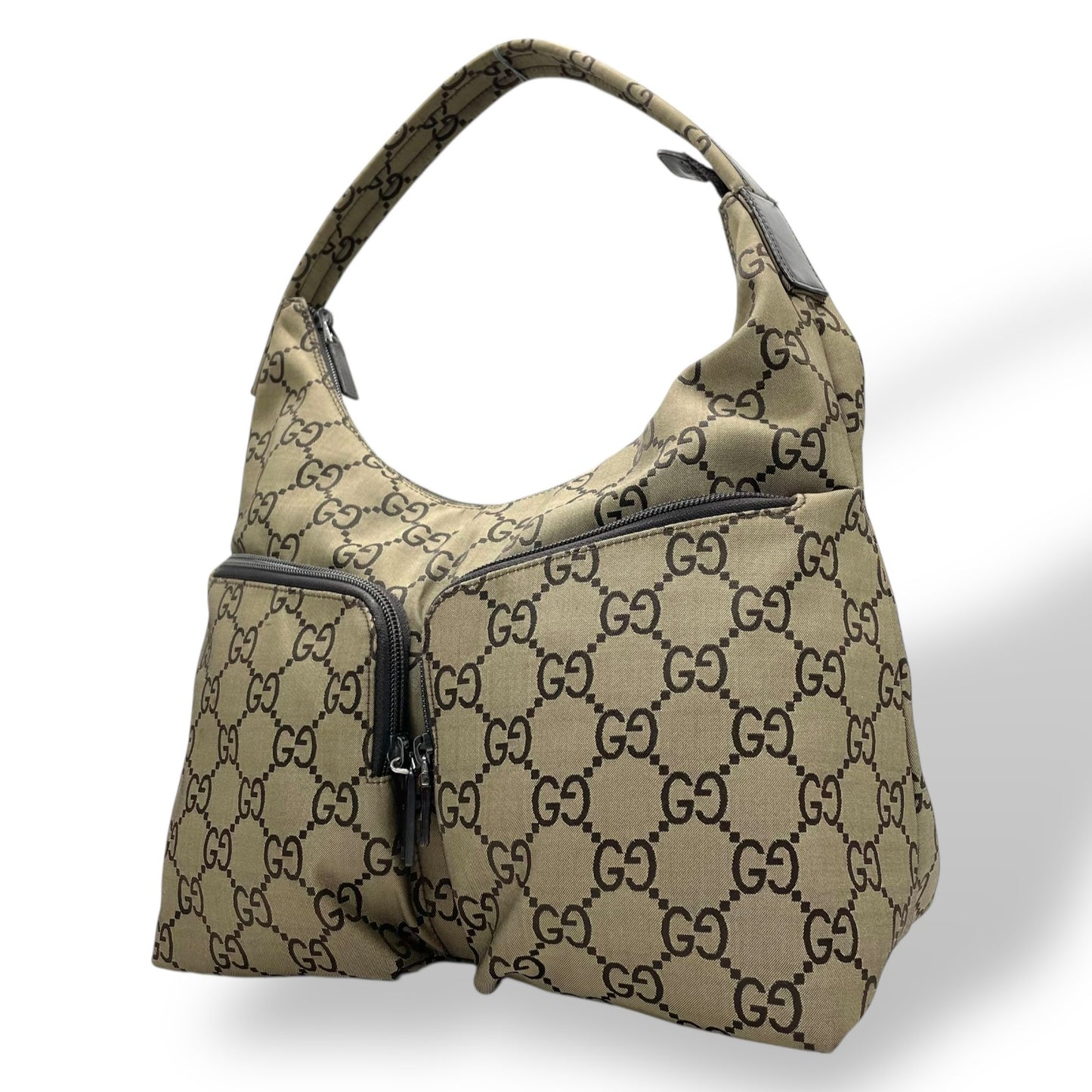 美品 GUCCI グッチ GGキャンバス ワンショルダーバッグ ハンドバッグ カーキ ブラウン キャンバス レザー シルバー金具 GG柄 ダブルポケット レディース K6