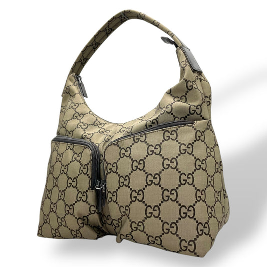 美品 GUCCI グッチ GGキャンバス ワンショルダーバッグ ハンドバッグ カーキ ブラウン キャンバス レザー シルバー金具 GG柄 ダブルポケット レディース K6