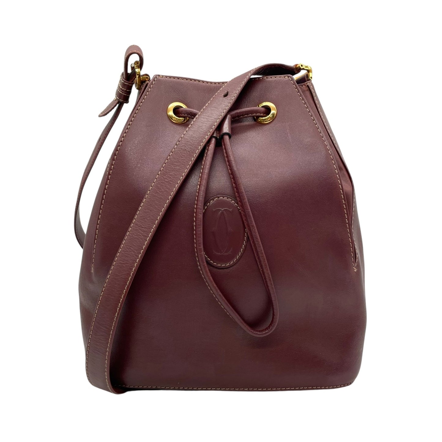 美品 Cartier カルティエ マストライン 巾着型 ショルダーバッグ 赤 ボルドー ワインレッド レザー ゴールド金具 ロゴ 2Cモチーフ 斜め掛け可 レディース ギャランティカード付き K12