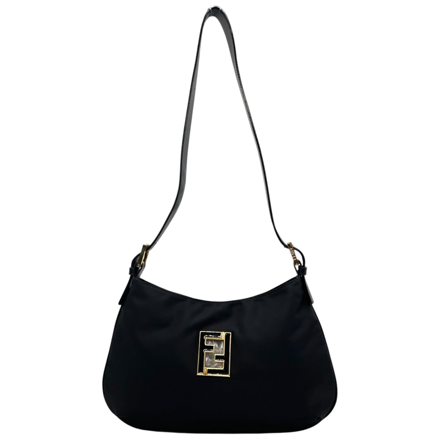 【未使用級】 FENDI フェンディ FFモチーフ ナイロン ショルダーバッグ ブラック ヴィンテージ オールド FF金具 ゴールド金具 ロゴ C3 美品