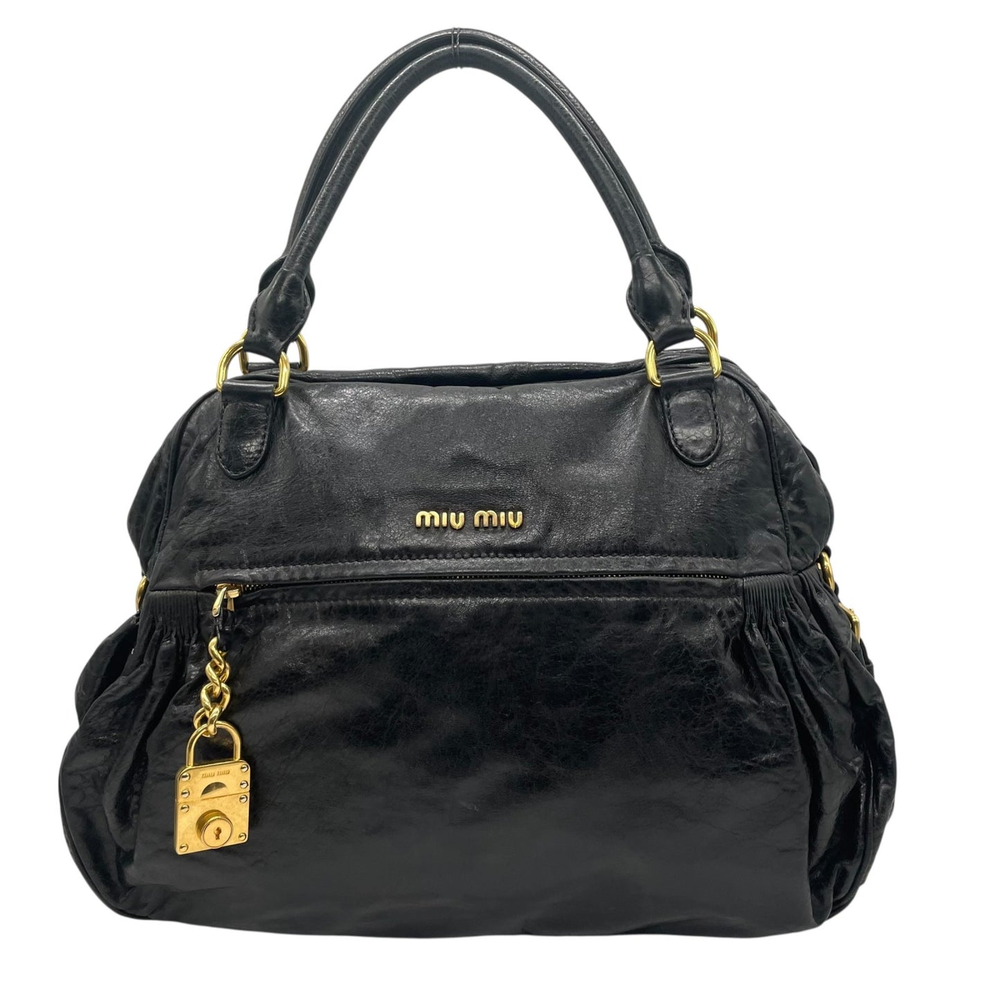 美品 miumiu ミュウミュウ 2WAY ハンドバッグ ショルダーバッグ 黒 ブラック レザー ゴールド金具 肩掛け可 カデナチャーム アーカイブ レディース ヴィンテージ D