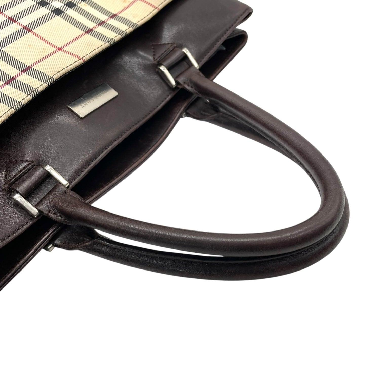 BURBERRY バーバリー ハンドバッグ トートバッグ ノバチェック チェック柄 ベージュ ブラウン キャンバス レザー シルバー金具 ロゴプレート レディース C2