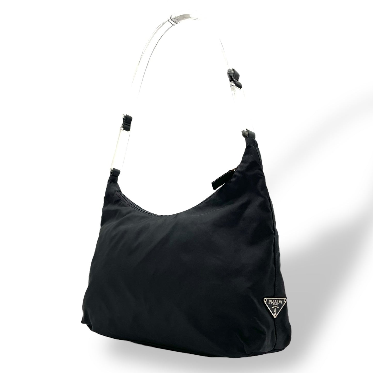 美品 PRADA プラダ ワンショルダー ショルダーバッグ ハンドバッグ 三角プレートロゴ トライアングルロゴ 黒 ブラック ナイロン シルバー金具 レディース B2