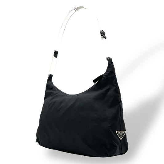 美品 PRADA プラダ ワンショルダー ショルダーバッグ ハンドバッグ 三角プレートロゴ トライアングルロゴ 黒 ブラック ナイロン シルバー金具 レディース B2