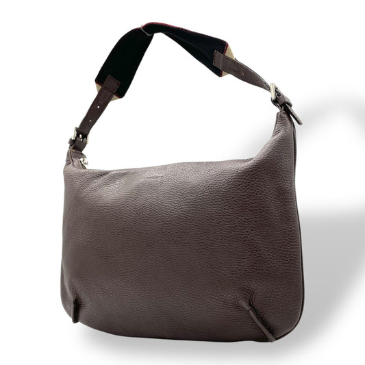 美品 BURBERRY バーバリー ワンショルダーバッグ ハンドバッグ 茶 ダークブラウン レザー シルバー金具 ロゴ型押し 肩掛け可 ファスナー開閉 ホーボー レディース K4