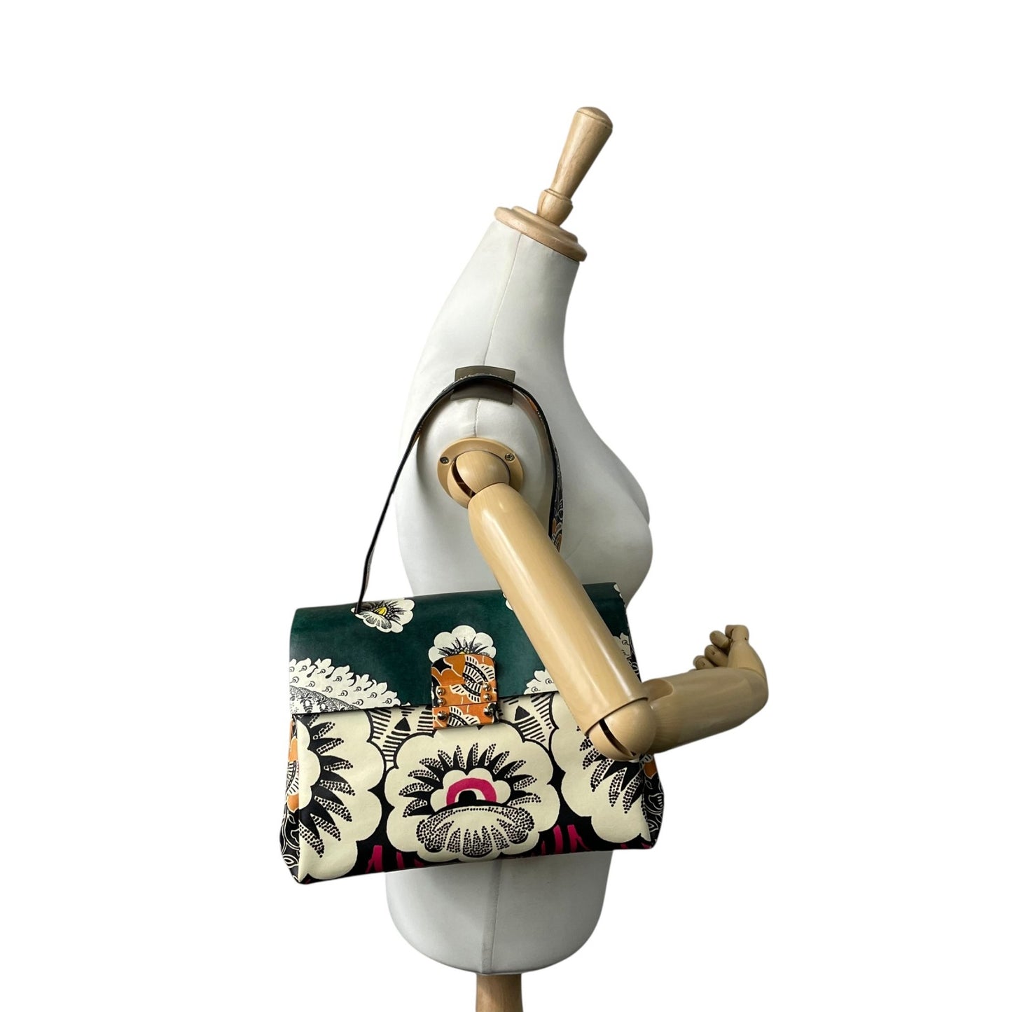 希少 美品 VALENTINO GARAVANI ヴァレンティノ・ガラヴァーニ ハンドバッグ フローラルプリント マイム シングルハンドル グリーン系 マルチカラー レザー シルバー金具 レディース D