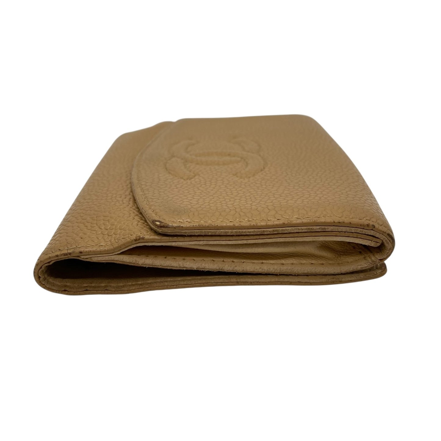 シャネル CHANEL 三つ折り財布 キャビアスキン調 レザー ココマーク 型押し キャメル ゴールド金具 金金具 箱・カード付 シール付 W2