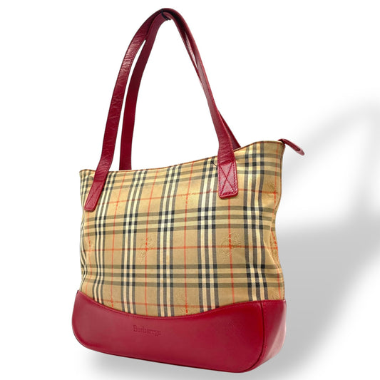 バーバリーズ Burberrys ヴィンテージ トートバッグ ハンドバッグ ノバチェック 赤 レッド レザーロングハンドル D4