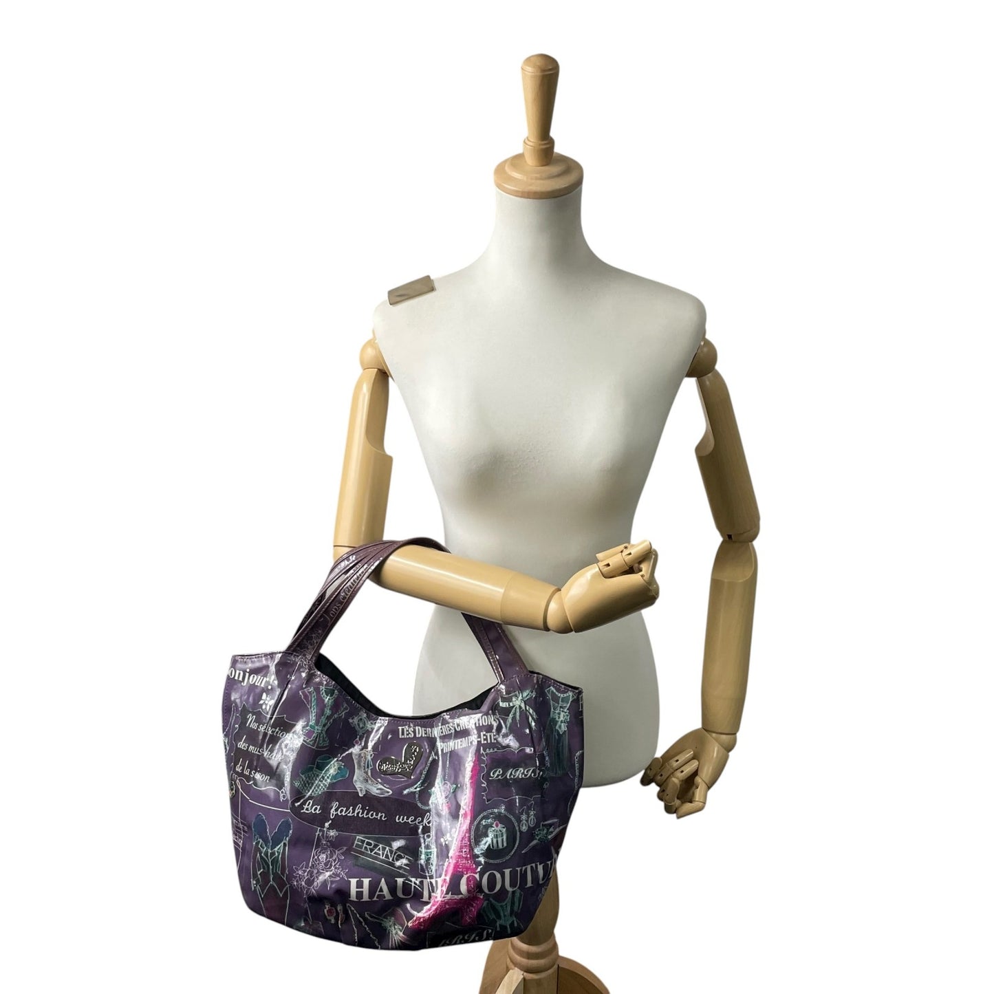 シンクビー Think Bee! ハンドバッグ トートバッグ パリ柄 エッフェル塔 ロゴ プリント 光沢 黒 ブラック レディース S90