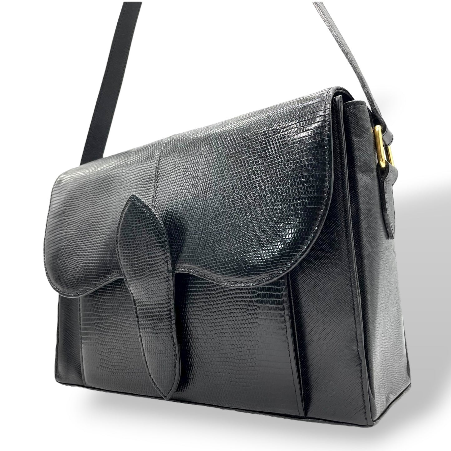 美品 イヴ サンローラン YVES SAINT LAURENT 型押し ショルダーバッグ 黒 ブラック レザー ヴィンテージ 金金具 ゴールド金具 K7