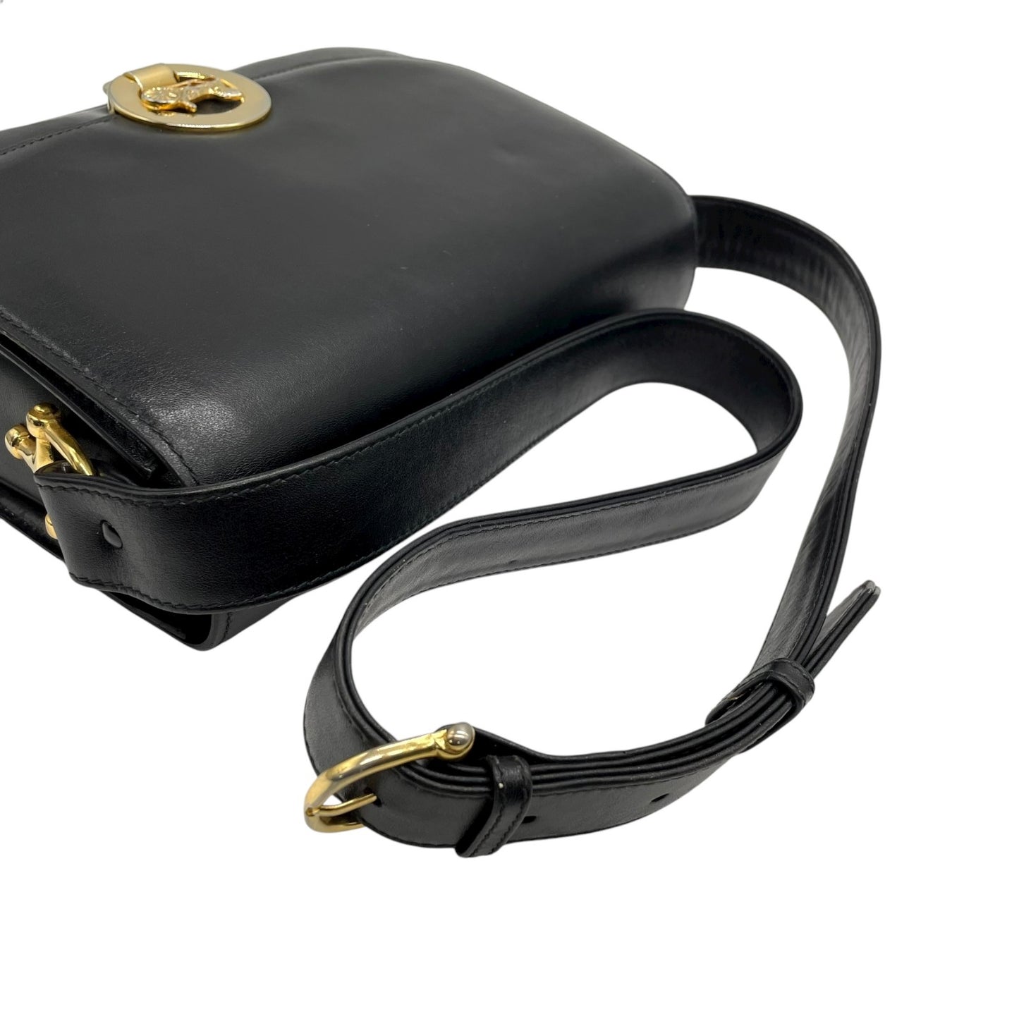 美品 セリーヌ CELINE ホースロゴ ホースキャリッジ金具 ショルダーバッグ 黒 ブラック レザー ヴィンテージ 馬車金具 金金具 ゴールド K5