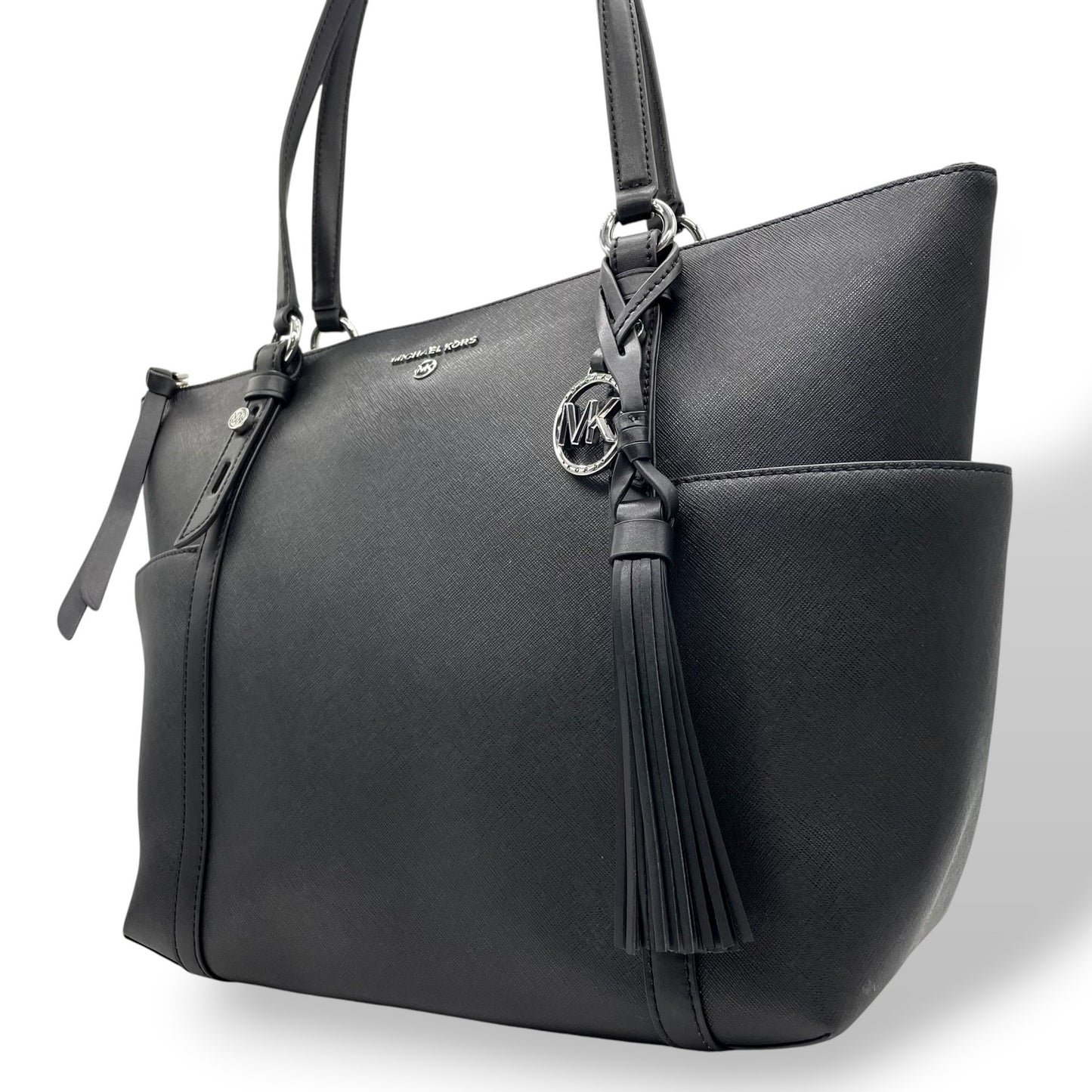 新品同様 美品 マイケルコース MICHAEL KORS トートバッグ ビジネストート レザー 黒 ブラック ロゴチャーム タッセル付き A