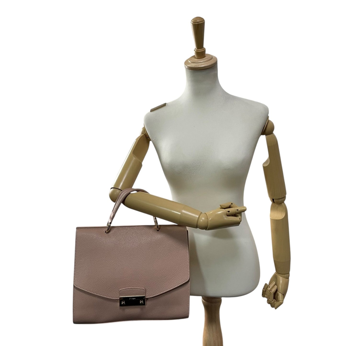 美品 フルラ FURLA メトロポリス トップハンドルバッグ ピンクベージュ レザー 金金具 ゴールド 2WAY ショルダー付き S56