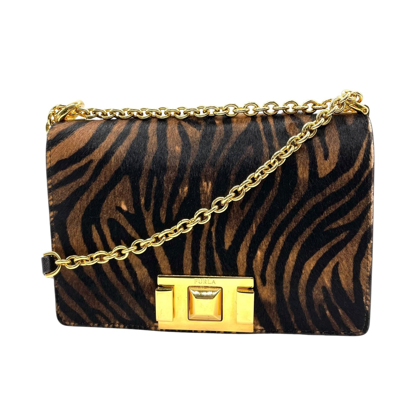 フルラ FURLA ハラコ レザー チェーンショルダーバッグ ゼブラ柄 アニマル柄 茶色 ブラン 金金具 ゴールド金具 ミニバッグ C14