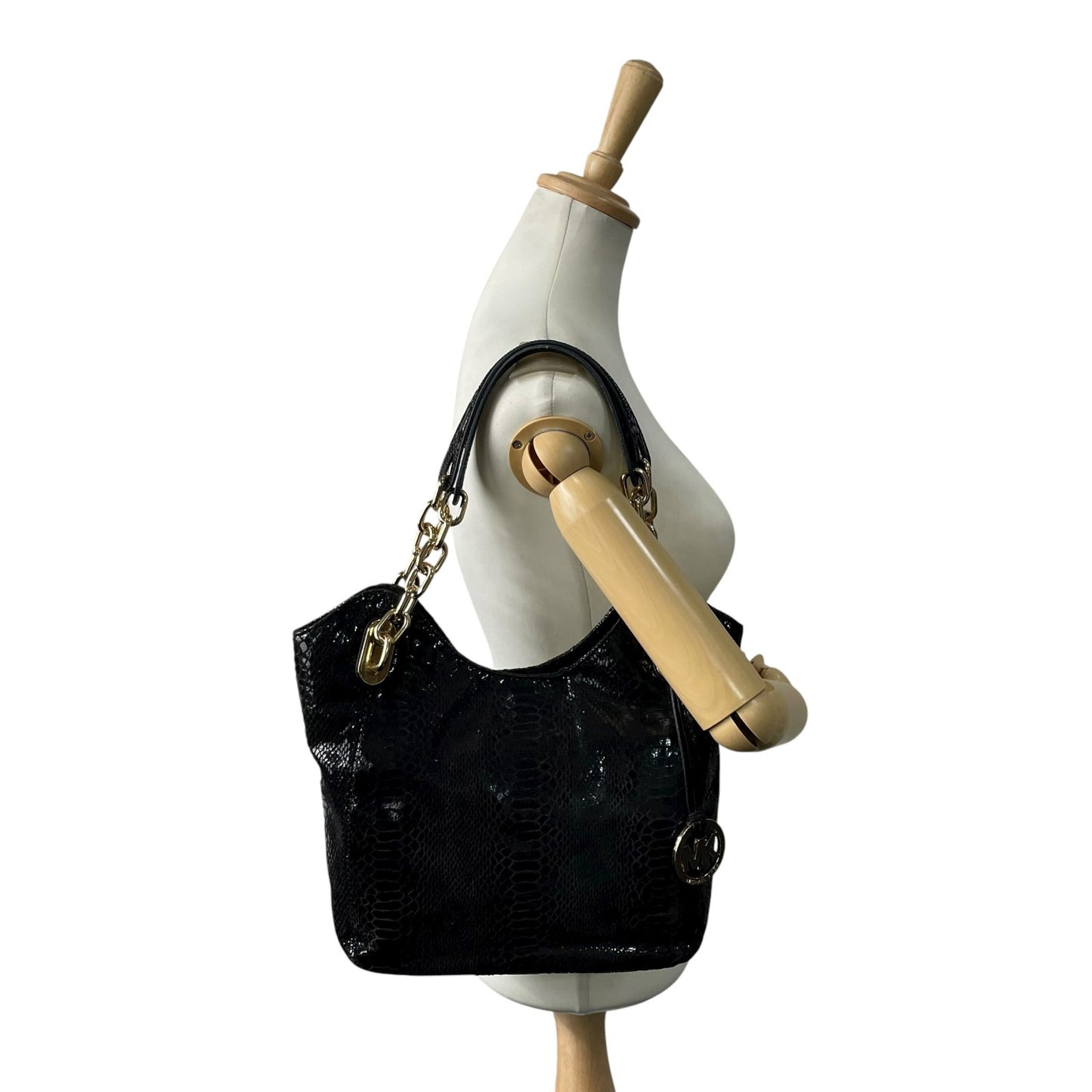 美品 マイケルコース MICHAEL KORS 型押し レザー トートバッグ ショルダー 肩掛け 黒 ブラック 金金具 ゴールド金具 C10