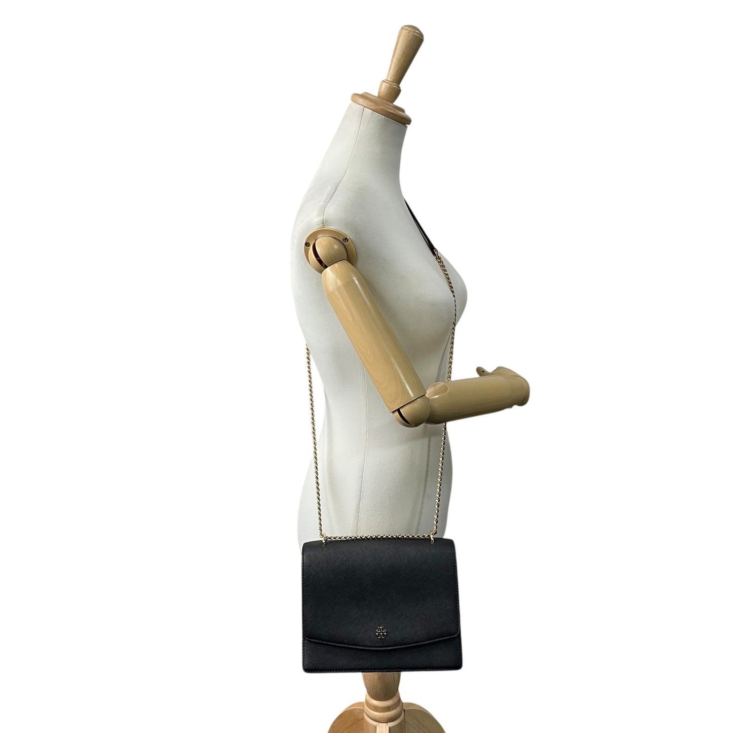 美品 トリーバーチ TORY BURCH チェーンショルダーバッグ ハンドバッグ 肩掛け 型押し 2WAY 黒 ブラック 金 ゴールド レザー ミニバッグ A1