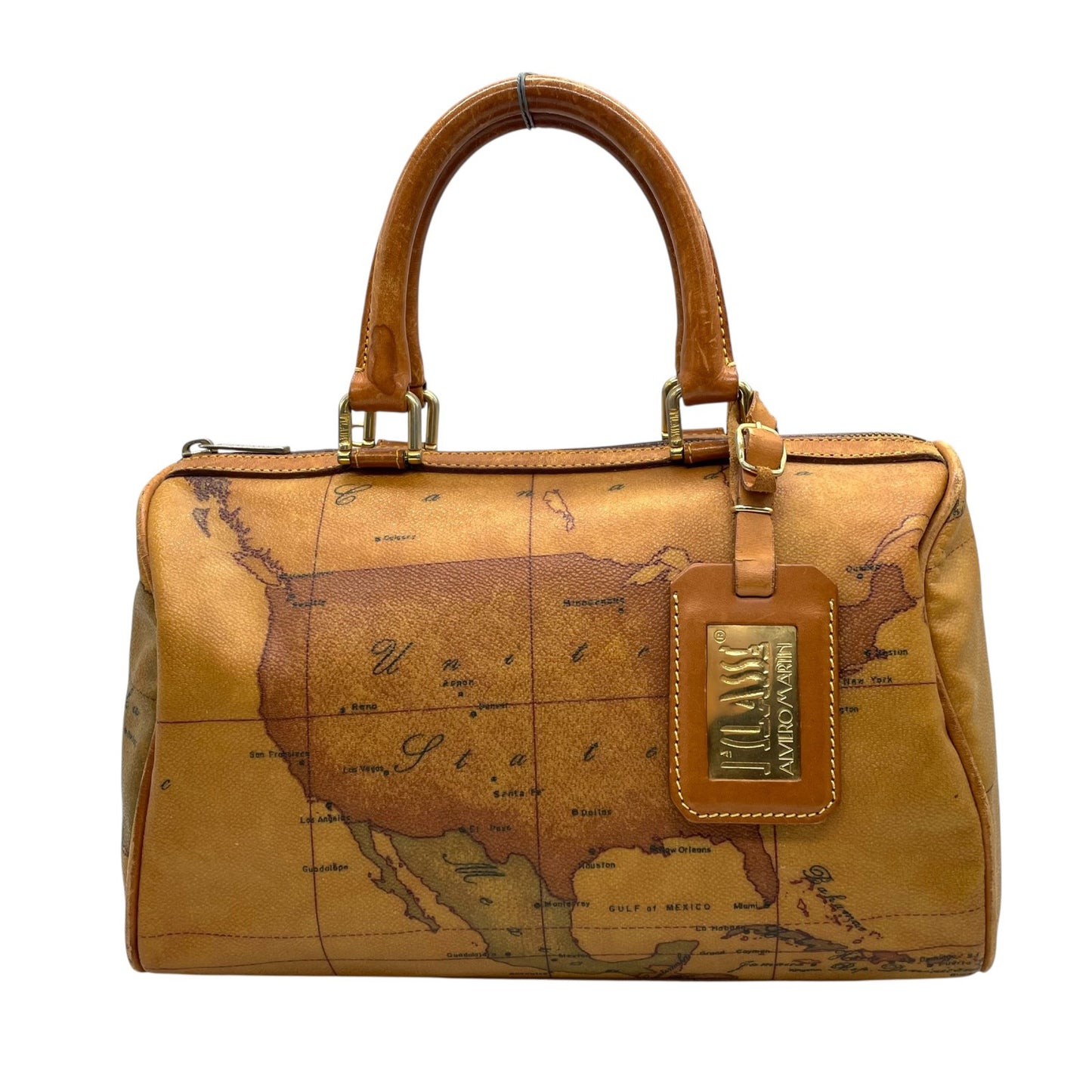 プリマクラッセ PRIMA CLASSE 地図柄 ボストンバッグ ミニボストン 2WAY PVC レザー ショルダー付き 茶色 ブラウン T4