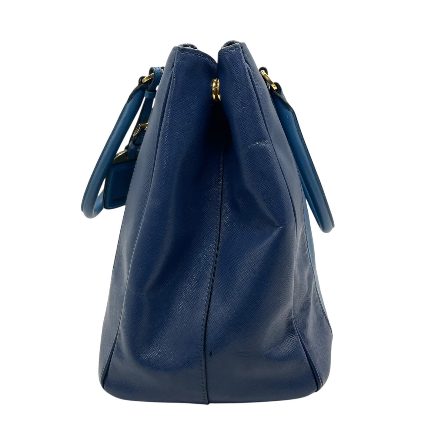 極美品 プラダ PRADA ガレリア ハンドバッグ トートバッグ 2way ショルダーバッグ サフィアーノレザー 三角ロゴ ブルー ゴールド金具 ハンドバッグ メンズ レディース A