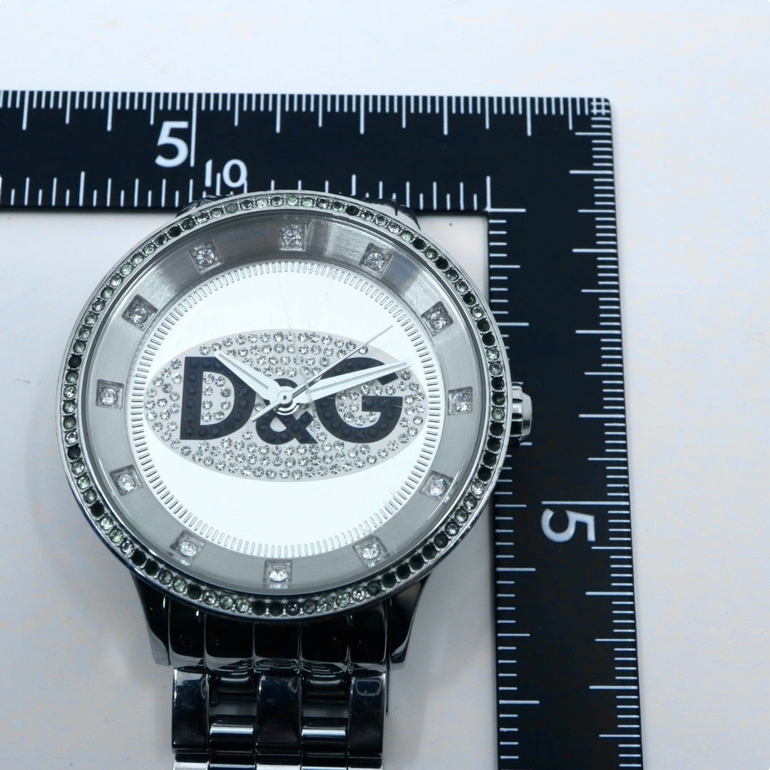 【電池交換済】D&G ドルチェ＆ガッバーナ 腕時計 ラインストーン D&Gロゴ メンズ レディース ユニセックス クオーツ アナログ シルバー ブレスレットウォッチ ドレスウォッチ ゴージャス エレガント ラグジュアリー クリーニング済み G2