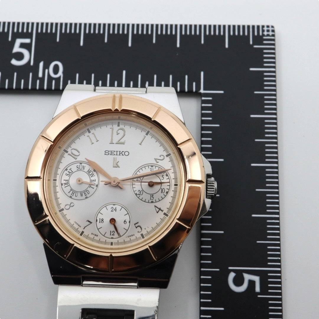 美品 【電池交換済】セイコー ルキア 腕時計 5Y89-0B30 レディース クオーツ デイデイト カレンダー 24時間計 シルバー ピンクゴールド コンビカラー ビジネス フォーマル ドレスウォッチ エレガント 上品 オフィス 日本製 クリーニング済み G2