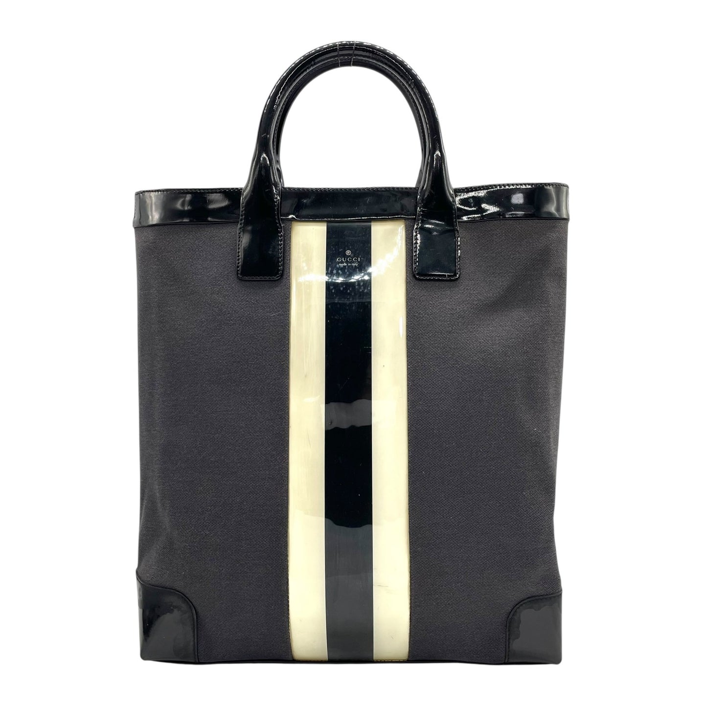 グッチ GUCCI トートバッグ ハンドバッグ ネイビー ブラック キャンバス パテントレザー 手提げ メンズ ゴールド金具 ストライプ E