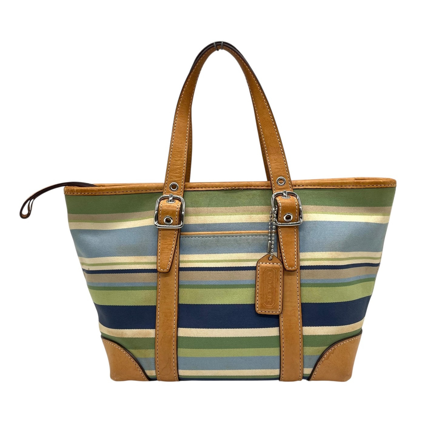 コーチ COACH ハンドバッグ ミニトート マルチストライプ ボーダー キャンバス レザー ロゴチャーム ファスナー開閉 ネイビー ブルー グリーン マルチカラー シルバー金具 手提げ レディース T1