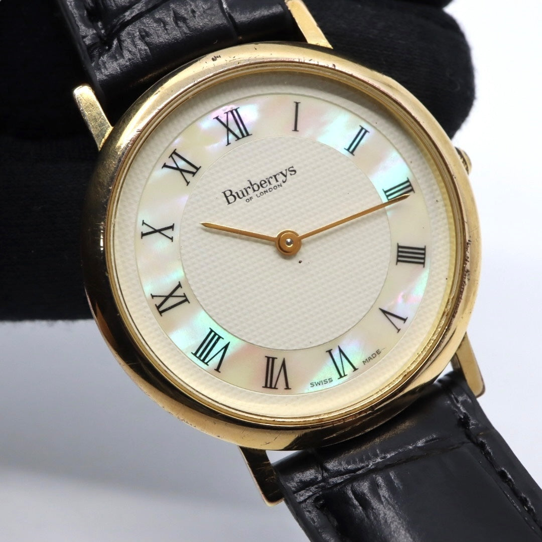 美品 電池交換済 新品ベルト バーバリー Burberrys 6000G 腕時計 メンズウォッチ クォーツ ゴールド シェル文字盤 アイボリー ローマンインデックス クラシック ヴィンテージ エレガント ドレスウォッチ 稼働品 G3