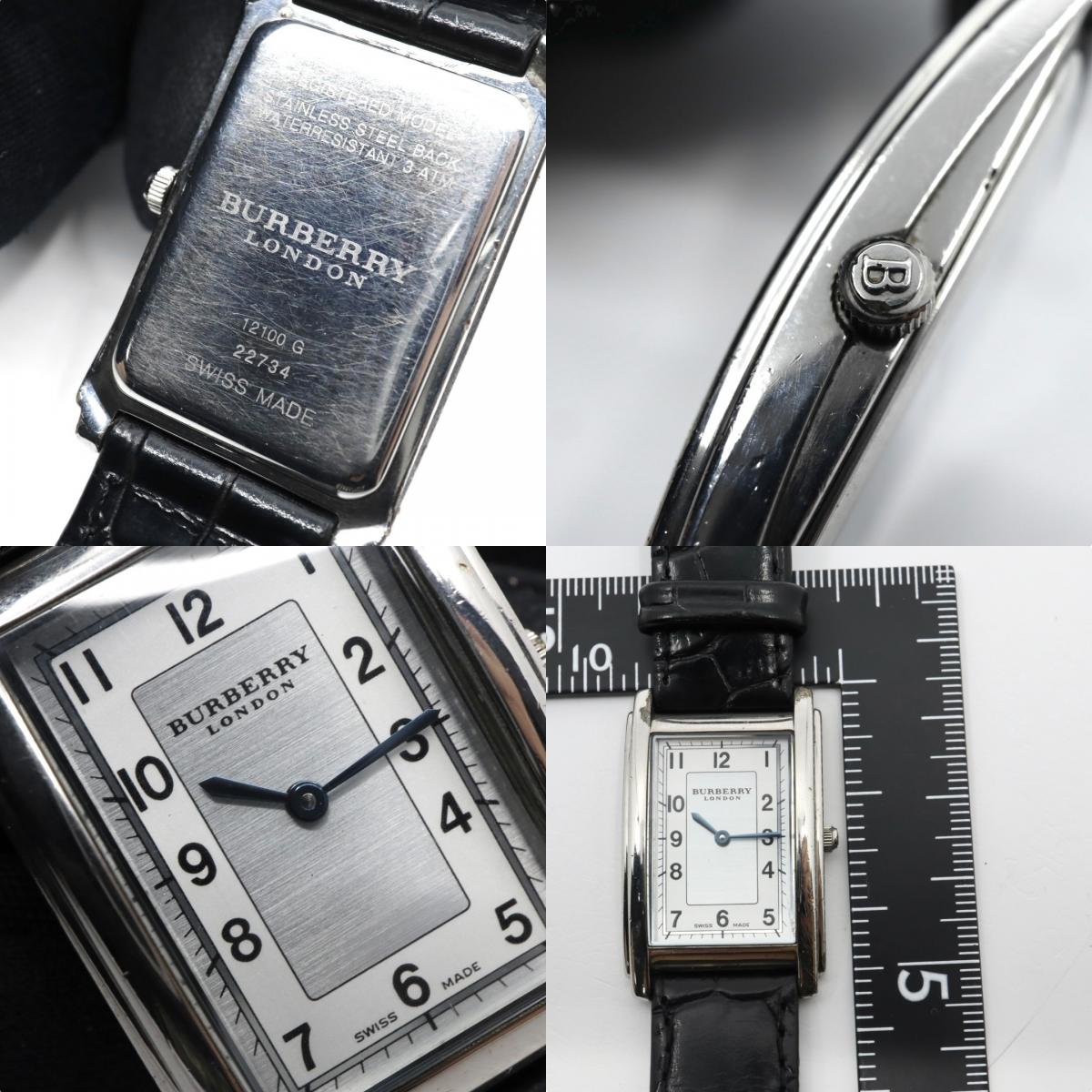極美品 電池交換済 新品ベルト バーバリーロンドン 12100G 腕時計 レディースウォッチ スクエア レクタンギュラー クォーツ シルバー ホワイト文字盤 レザー アナログ クラシック ドレスウォッチ ビジネス 稼働品 G3