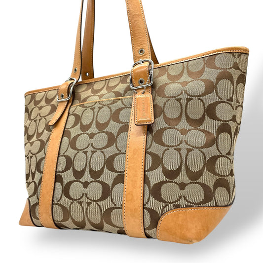 COACH コーチ シグネチャー キャンバス トートバッグ レザー 茶 ブラウン ベージュ シルバー金具 肩掛け可 ファスナー開閉 レディース S11