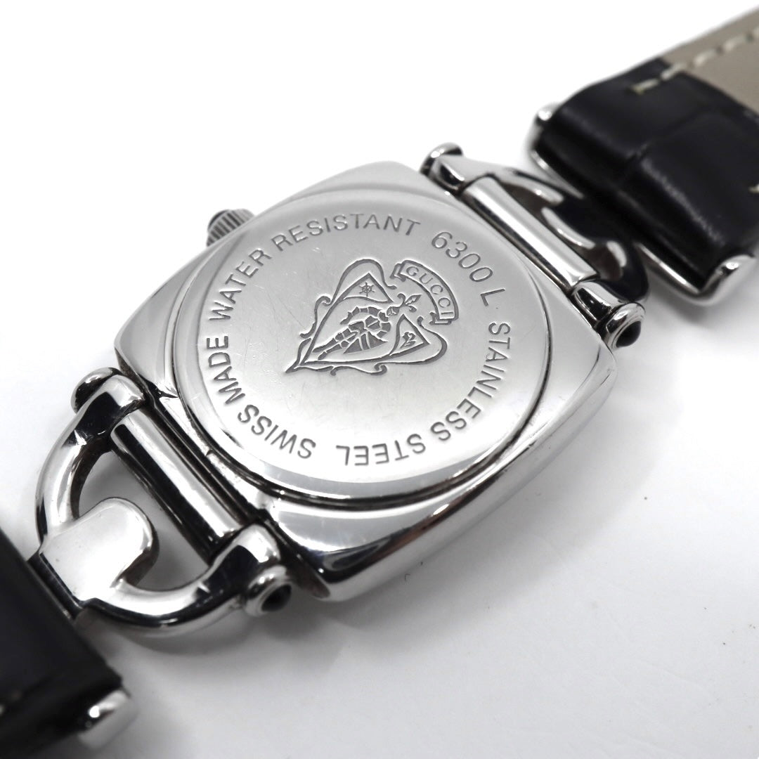 【美品/電池交換済/新品ベルト(社外品)】グッチ GUCCI 6300L レディース腕時計 クオーツ スクエアケース シルバー ホワイト文字盤 ブラックレザーベルト ホースビットデザイン クラシック エレガント ドレスウォッチ SWISS MADE G2