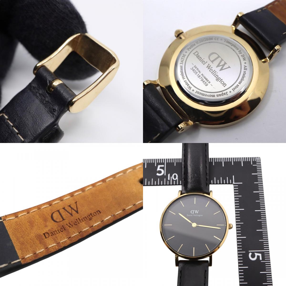 【美品／電池交換済】ダニエルウェリントン DW Petite 腕時計 レディース K32GB06 クオーツ アナログ ラウンド ブラック文字盤 ゴールドケース レザーベルト クラシック エレガント ミニマルデザイン クリーニング済 稼働品 G2