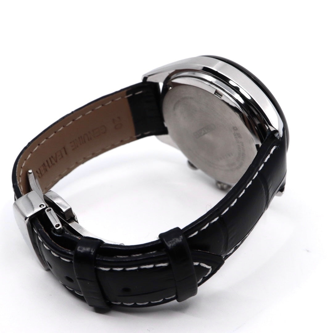 【新品同様/稼働品】セイコー SEIKO クロノグラフ V175-0FA0 メンズ腕時計 ソーラー アナログ ブラック文字盤 型押しレザーベルト タキメーター 10気圧防水 サファイアクリスタル ビジネス スポーティ エレガント クリーニング済 G7