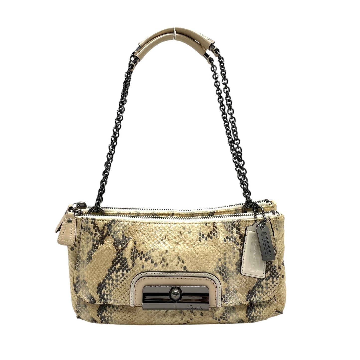 COACH コーチ ハンドバッグ ワンショルダー ベージュ レザー 型押し エンボス チェーンショルダー 肩掛け可 ロゴ チャーム付き レディース S30